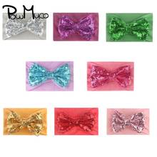 Powmuco 14*9 CM Solid Color Wide Side Elastic Nylon Headband Glitter Sequins Bowknot Toddler Hairband Fashion Bows Headwear 2024 - buy cheap