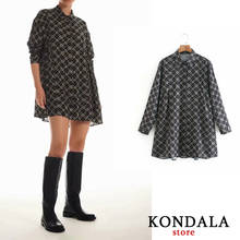 Kondala vestido feminino vintage estampa geométrica, vestido solto manga comprida gola virada para baixo camisa mini vestido feminino 2024 - compre barato