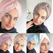 Turbante feminino muçulmano, turbante elástico de algodão com pérolas e chapéu da índia, 2020 2024 - compre barato