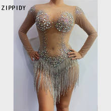 Sparkly Multi-color Rhinestones Fringe Transparent Bodysuit Dance Birthday Celebrate Long Sleeves Outfit Women Singer Outfit 2024 - buy cheap