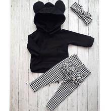1-6Y Autumn Winter Lovely Toddler Baby Girls Clothes Sets 3PCS 3D Ears Hooded Pullover Black Tops+Ruffles Plaid Pants+Headband 2024 - buy cheap