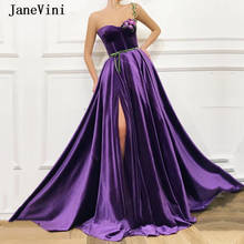 Janevini 2020 dubai árabe roxo veludo longo vestidos de noite um ombro rendas flores lado dividir uma linha sexy vestido de festa feminino 2024 - compre barato