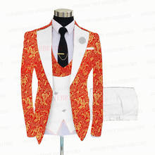 Traje rojo con estampado Floral para hombre, traje de boda de 3 piezas, esmoquin ajustado, Blazer brillante, conjunto de chaqueta, chaleco y pantalones, color dorado, 2021 2024 - compra barato