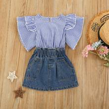 Summer Kids Baby Girls Fashion Clothes Outfit Set Fly Sleeve Striped Blouse Tops Denim Skirt Set Children's Sets 2024 - buy cheap