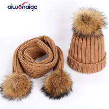 2019 Fashion Ladies Raccoon Fur Pompom Knit Beanies Hat Scarf Sets High Quality Soft Cap Scarves Winter Warm Woman Cotton Baggy 2024 - buy cheap
