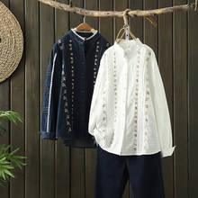 Blusa jeans feminina bordada, camisa de manga longa para mulheres, com gola alta, de renda, de crochê, floral, da moda, para primavera 2021 2024 - compre barato