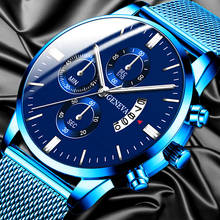 2022 Men's Fashion Business Calendar Watches Men Luxury Blue Stainless Steel Mesh Belt Analog Quartz Watch relogio masculino 2024 - buy cheap