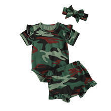 Conjunto de ropa de tres piezas para niñas, Pelele de manga corta de cuello redondo verde militar, pantalones cortos y tocado 2024 - compra barato