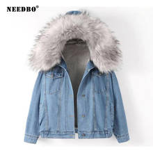 NEEDBO джинсовая куртка с меховым капюшоном для женщин, зимние куртки, пальто, верхняя одежда, толстая искусственная Дамская джинсовая куртка для женщин, Mujer 2020 2024 - купить недорого