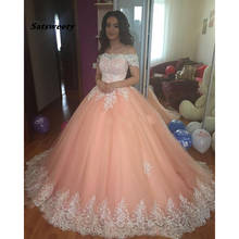 Sweet 16 vestidos de quinceanera de pêssego, com apliques no ombro, espartilho, costas nuas, vestido de baile, princesa, 15 anos, vestidos de festa e baile para meninas 2024 - compre barato