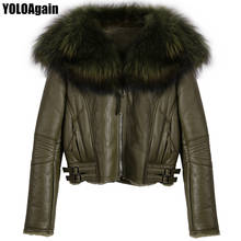 YOLOAgain Winter Warm Women Raccoon Fur Collar Genuine Leather Shearling Jacket 2024 - buy cheap