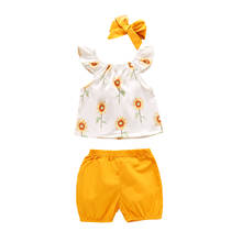 FOCUSNORM-Conjuntos de Ropa para Niñas, camisetas de manga con volantes y estampado de girasoles, Tops, pantalones cortos, diadema, 3 uds. 2024 - compra barato