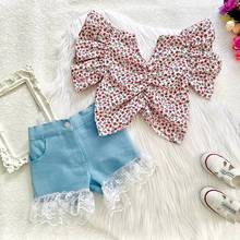 2 Pieces Kids Girl Clothes Set Flower Print V-Neck Short Sleeve Tops Lace Trim Denim Shorts for 1-6 Years Girls Summer Clothing 2024 - buy cheap