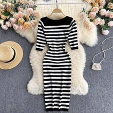 2021 Summer Woman Dress Black And White Knitted Striped Temperament O-neck Short Sleeve Sheath Bodycon Female Elegant Dress 2024 - buy cheap