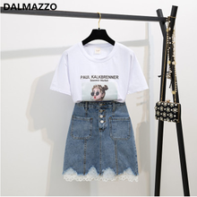 DALMAZZO Two Piece Skirt Set For Women Fashion Short Sleeve Print T Shirt Tops + Patchwork Lace Denim Shorts Conjuntos Female 2024 - buy cheap