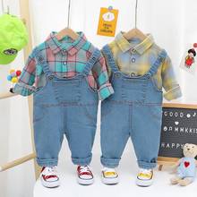 2021 Spring Autumn Children Clothing Baby Boys Tracksuit Plaid Shirt Top And Straps Jeans 2Pcs/Set For 1 -4 Years Kids Clothes 2024 - buy cheap