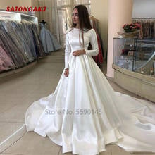 Elegant Satin Long Sleeves Wedding Dress 2022 O-Neck A-Line Simple Princesa Bride Gown Court Train Vestidos De Novia Robe Mariée 2024 - buy cheap