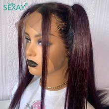 Sexay-peruca de cabelo humano com renda frontal, 13x4, sem cola, 180d, ombré, vinho escuro, remy, liso 2024 - compre barato