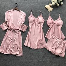 Conjunto de pijamas femininos de cetim, pijama sexy de renda, lingerie sexy, camisola elegante, estampa de flores, 4 peças, 2019 2024 - compre barato