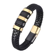 Black Gold Punk Style Genuine Leather Bracelet for Men Jewelry Stainless Steel Magnet Button Birthday Gift Male Wristband PD0980 2024 - buy cheap