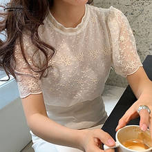 Camiseta gola redonda de manga curta, blusas de renda elegante para mulheres, camiseta de temperamento flor 3d, leve transparente 14400 2024 - compre barato