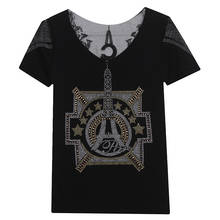 Camiseta con diamantes de la Torre Eiffel para Mujer, Ropa coreana, Tops para Mujer, camisa trasera Sexy de nailon, camisetas 2021 2024 - compra barato