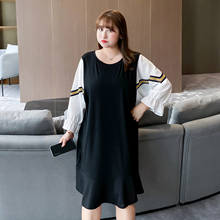 Women's summer solid color round neck stitching bat sleeve commuter dress plus size calf length casual wear 100 kg can be worn 2024 - buy cheap