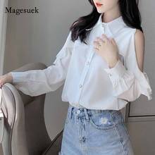 Women Temperament Korean Fashion Loose Blouse 2020 Autumn Off-Shoulder Chiffon White Reffles Turn-down Collar Shirt Blusas 10844 2024 - buy cheap