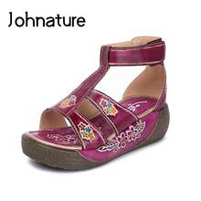 Johnature Genuine Leather Platform Sandals Retro Women Shoes 2022 New Summer Wedges Print Casual Handmade Concise Ladies Sandals 2024 - buy cheap