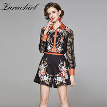 Autumn Fashion Runway Lace Lantern Sleeve Patchwork Shirts Shorts Suits Women's Floral Print Tops and Two Pieces Shorts Set 2024 - buy cheap