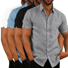 Blusa de linho masculina de manga curta, camisetas de férias soltas casuais, de algodão puro e linho, botões sólidos e confortáveis de verão 2024 - compre barato