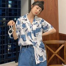 Camisas femininas geométricas retrô estilo japonês, folgado, lazer, bf, unissex, tendência, férias, popular, vintage 2024 - compre barato