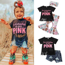 2-6Y Fashion Girls Summer Clothing Sets Tassel Letter Print Short Sleeve T-shirts+Donuts Print Flare Pants/Ripped Denim Shorts 2024 - buy cheap