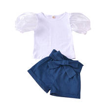 Conjunto de ropa para bebés de 1 a 5 años, camiseta de manga abombada de malla, Tops, pantalones cortos con lazo, trajes de verano para niños 2024 - compra barato