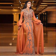 Luxury Beaded Orange Mermaid Muslim Evening Dresses Lace Applique Long Moroccan Kaftan With Overskirt Custom Celebrity Prom Gown 2024 - buy cheap