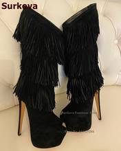 Surkova Elegant Black Suede Fringe Knee Boots Thin High Heels Platform Tassel Dress Boots Women Open Toe Outdoor Dress Shoes 2024 - buy cheap