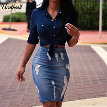 Ucatheall Pencil Skirt Blue Denim Women Sexy Casual Summer Skirts 2020 Fashion New Ripped pocket hip Bodycon Skirt 2024 - buy cheap