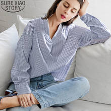 Blusa holgada de manga larga para primavera y verano, camisa de encaje con cuello en V y lazo, color azul, 2021, 50 2024 - compra barato