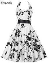 2021 Sexy Retro White Floral Audrey Hepburn Vintage Halter Dress 50s 60s Gothic Pin Up Rockabilly Bodycon Dress Plus Size Robe 2024 - buy cheap