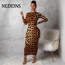 NEDEINS 2020 Women Print Party Sexy Sleeve Dress Fashion Casual Tight Leopard Print Round Neck Dress Plus Size Dress 2024 - buy cheap