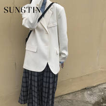Sungtin White Vintage Office Lady Blazer Women Loose Elegant Blazer Coats Solid Casual Jacket Suit OL Chic 2022 Single Breasted 2024 - buy cheap