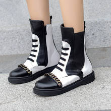 Botas informales estilo Chelsea para mujer, botines de piel sintética, estilo europeo, con retales y cadena de Metal, 2019 2024 - compra barato