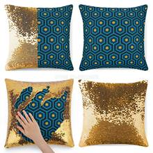Arte deco design retro em azul & ouro lantejoulas fronha lance travesseiro capa para o sofá 40x40cm sereia hexágono geometric linha patter 2024 - compre barato