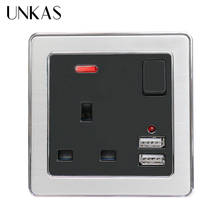 UNKAS Stainless Steel Frame Black Outlet Wall Power Socket UK Standard Socket With Neon 2.1A Dual USB Charger Port 2024 - buy cheap