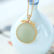 S925 Sterling Silver Gold Plated Hetian Gray Jade round Lucky Pendant Simple Retro Style Temperament Female Pendant Jewelry for 2024 - buy cheap