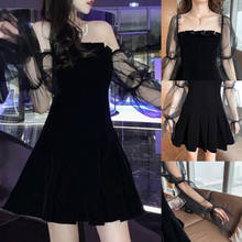 Женское бархатное мини-платье, винтажное черное платье с открытыми плечами, сетчатым рукавом, в стиле пэчворк, в готическом стиле 2024 - купить недорого