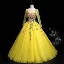 Moda nobre amarelo applique quinceanera vestidos elegante vestido de baile de manga cheia luxo formal festa formatura vestido 2024 - compre barato