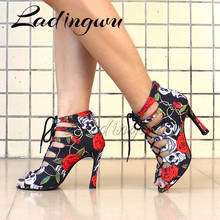 Ladingwu Professional Ballroom Dance Shoes Ladys Holloween Skull Salsa Dance Shoes Denim doodle 10cm Heeled Women Latin Dance Bo 2024 - buy cheap