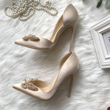 real photo Champagne Silk Satin Pointed Pearl Rhinestone Butterfly 12CM High Heels plus size custom make 2024 - buy cheap