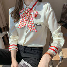 Blusa Sexy de seda para verano y primavera, camisa de manga larga con estampado de letras y rayas para mujer, con lazo y lunares, 2021 2024 - compra barato